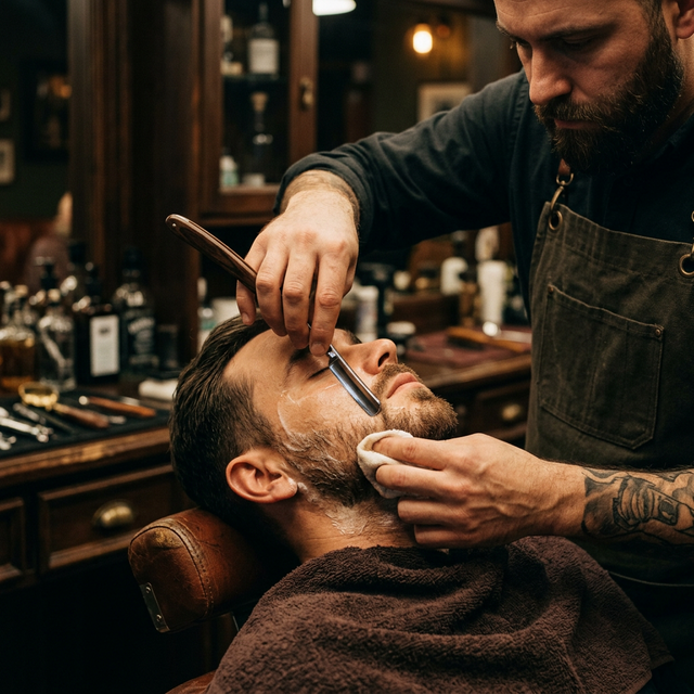 Barboterapia com toalha quente e navalha